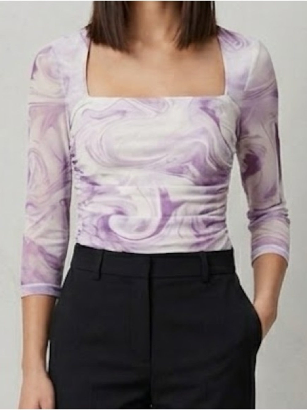 Ganni Purple Marble Ruched Stretchy Mesh Square Neck Top Small